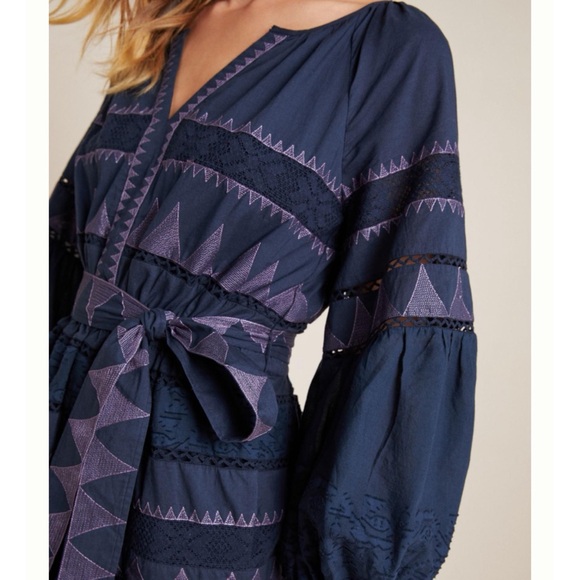 NWOT Anthropologie Skye Embroidered Mini Dress XS Blue Motif Cotton Puff Sleeve - Picture 2 of 16